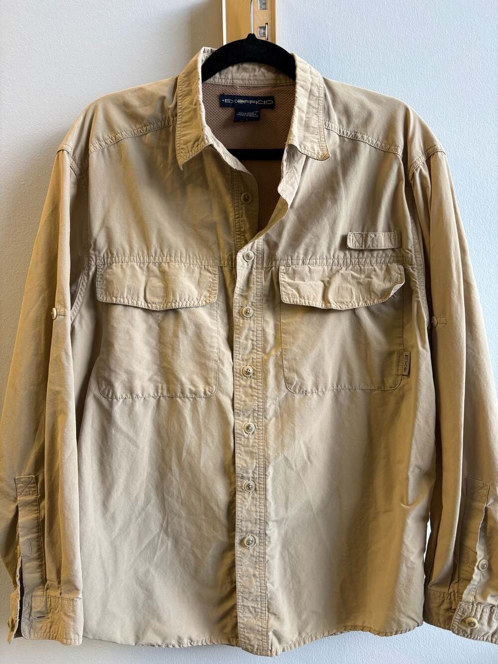 ExOfficio Fishing Shirt Size S Tan Button Up Long Sleeve Pocket